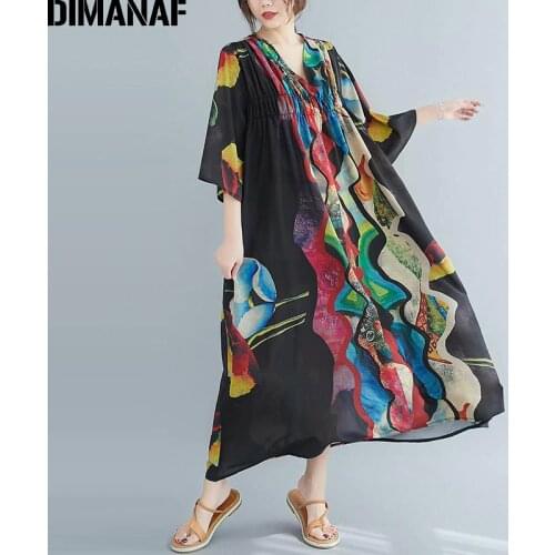DIMANAF Plus Size Dress Women Chinese Style Summer Sundress Vintage Print Elegant Pleated Lady Vestidos Loose Maxi Long Dress