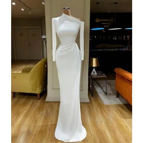 Vintage Mermaid Bodycon Long White Evening Dresses with Sleeves Floor Length Zipper Abendkleider Formal Party Gowns for Women