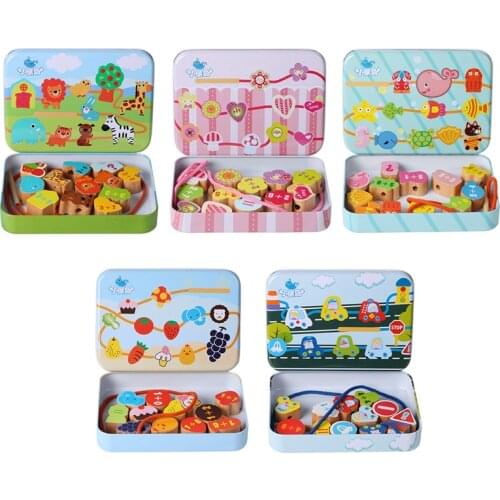 12Pcs Wooden Beads Toy Cartoon Animals Fruits Traffic Montessori Wooden Threading Toys Develop Intelligence Kids 3D Puzzle Game