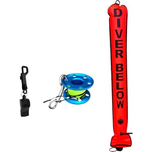 4FT Orange Scuba Diver Diving (SMB) Surface Marker Buoy Signal Tube + Finger Spool Reel Line Double Ended Bolt Snap + Whistle