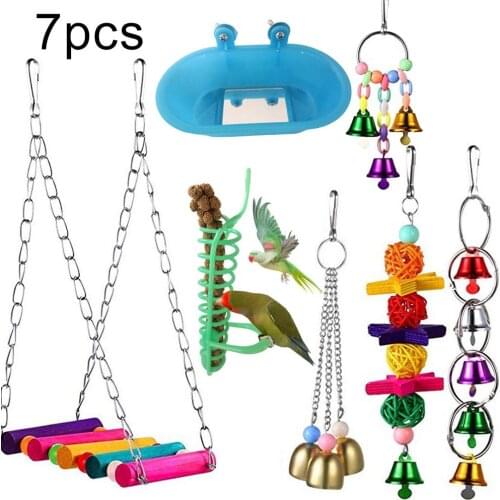 7Pcs Pet Bird Parrot Bell Ball Bathtub Feeder Hanging Cage Swing Bite Chew Toy Metal Plastic Hanging Cage Decor Chew Toy Bright