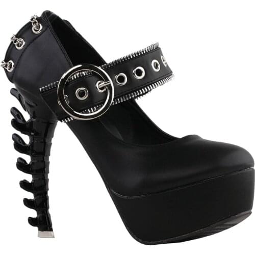 LF80715 SHOW STORY Retro Black Buckle Metal Chain Zip Mary-Jane Gladiator Platform Bone Heels Pumps
