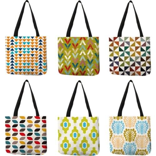 Double Sided Print Eco Friendly Shopping Cloth Bag Premium Women Linen Handbags Female Fresh Geometry Pattern Casual Tote Bags