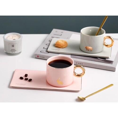 European Luxurious Gold Rim Ceramics Coffee Cups And Saucers Spoon Sets With Gift Box Tea Soy Milk Breakfast Mugs Dessert Plate