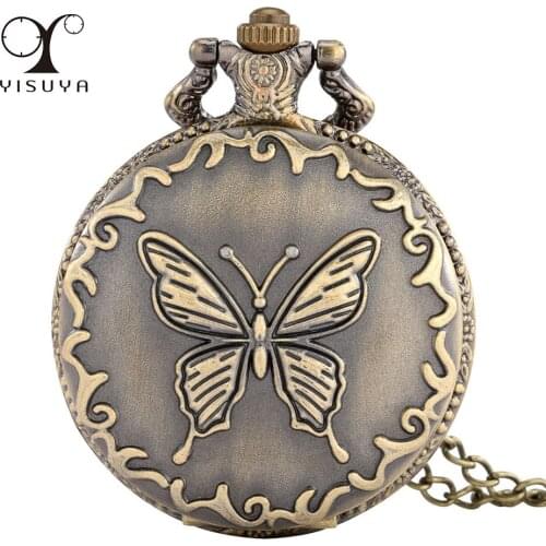 Lovely Butterfly Design Necklace Pocket Watch Quartz Movement Pendant Antique Bronze Pocket Clock with retro Sweater Chain