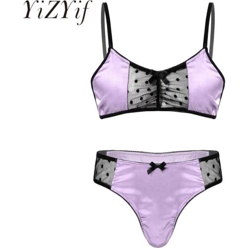 Mens Satin Sissy Lingerie Suit Sheer Mesh Patchwork Adjustable Spaghetti Strap Bra Tops with Briefs Thongs Sissy Sexy Nightwear