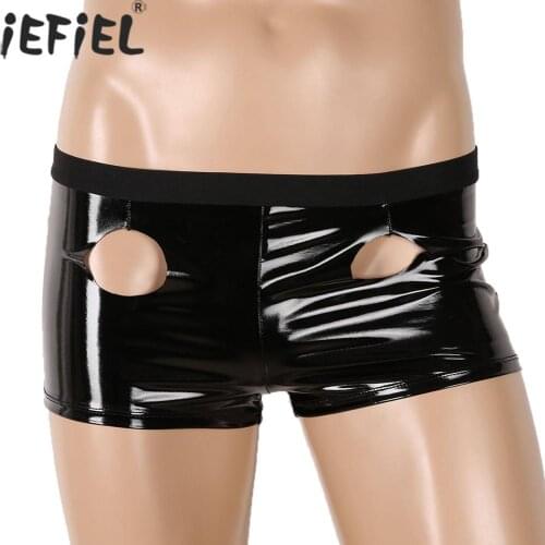 Men WetLook Patent Leather Shorts Lingerie Low Rise Front Two Holes Sexy Underwear Boxer Short Pants Rave Dance Costume Clubwear