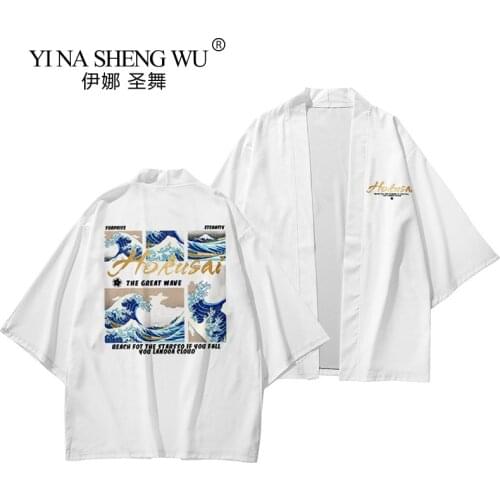 New Japanese Kimonos Men Summer Costumes Harajuku Yukata Anime Waves Print Loose Shirts Cardigan Samurai Japan Traditional Coats