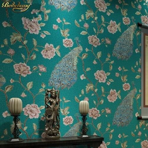 Beibehang papel de parede Southeast luxury peacock embroidery simulation Figure mosaic wallpaper bedroom living room with
