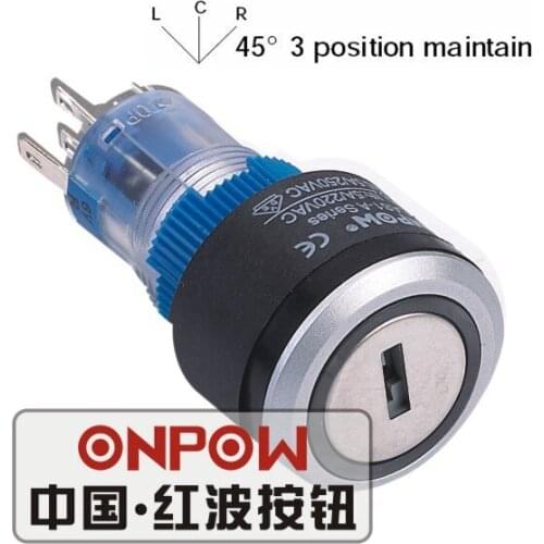 ONPOW 22mm 3 position maintain 2NO2NC LED Ring illuminated Round Plastic Key switch (LAS1-AWY-22Y/31A/G/12V) CE, UL, ROHS