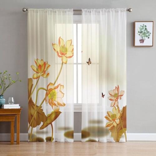 Ink Lotus Butterfly Sheer Curtains for Living Room Bedroom Kitchen Tulle for Windows Voile Drapes Home Decoration