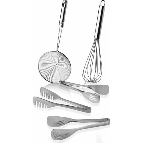 Steel Luxury 5 Piece Set Kitchen. It of consists cake tongs, cake tongs, salad tongs, 30cm whisk and 33cm colander