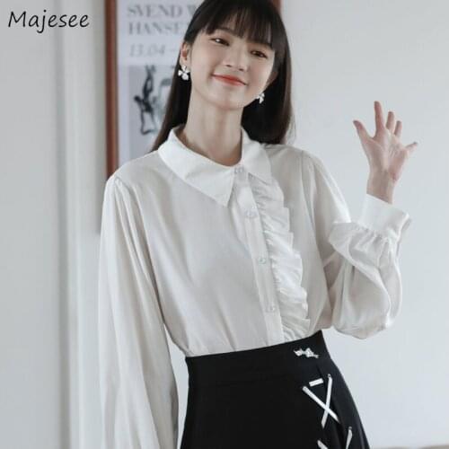Shirts Women Fashion Solid All-match Simple French Style Temperament Summer Soft Turn-down Collar Lantern Sleeve Female Tops New