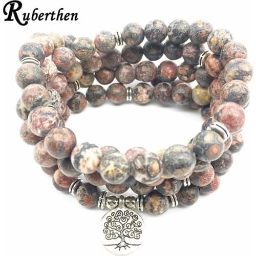 Ruberthen Vintage Design Leopard Skin 108 Mala Bracelet Healing Wrist Tree of Life Jewelry Natural Stone Bracelet or Necklace