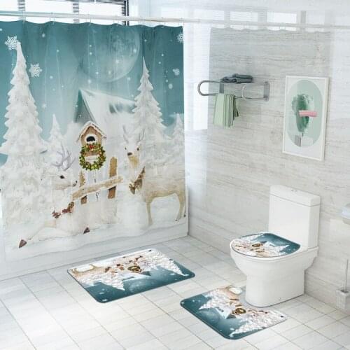 Snow Elk Bathroom Curtain Mat 2020 Merry Christmas Decor for Home Anti-slip Rug Cover Toilet Bath Mat Shower Curtains with Hooks