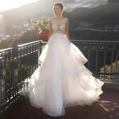 Sexy Tiered Wedding Dress Illusion Cap Sleeve Scoop Neck Sparkling Beading Rhinestones Tulle A Line Vestido Noiva Bridal Gown