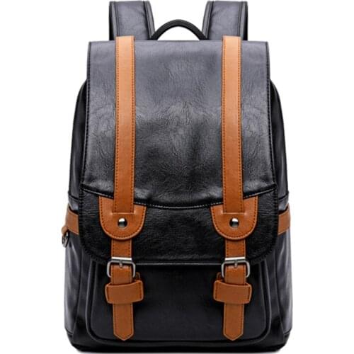 College Middle school student schoolbag stitching contrast color pu waterproof male retro backpack men bags travel laptop bag