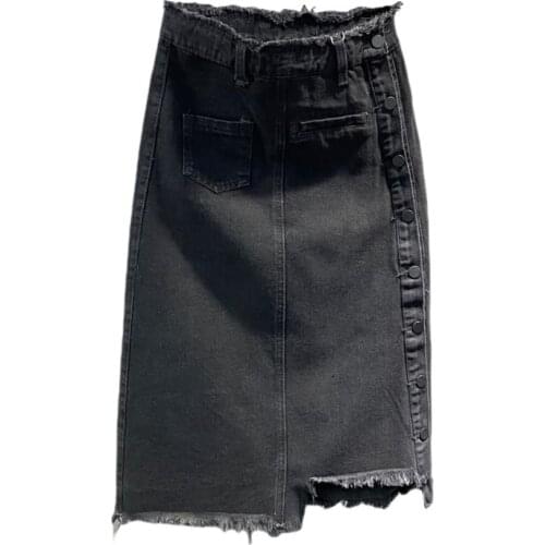Irregular high waist frayed denim skirt women 2020 autumn new womens black slim mid-length skirt a-line
