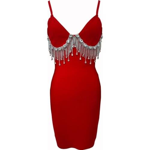 Womens Summer Style Sexy V-neck Halter Rhinestone Tassel Skinny Black Red Bandage Dress 2021 Designer Fashion Party The Dress