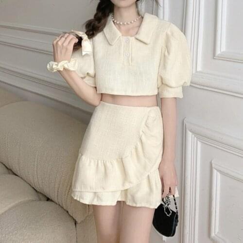 Summer Harajuku Two Piece Set Women Skirt Korean Fashion Short Sleeve Crop Top + Sexy Mini Skirt Suits Kawaii Cute Outfits