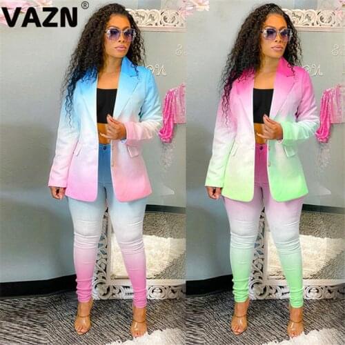 VAZN 2021 New Women Gradient Ramp Set Tracksuit Full Sleeve Ruffles Blazers Suit Two Piece Set Office Lady Outfits Uniform