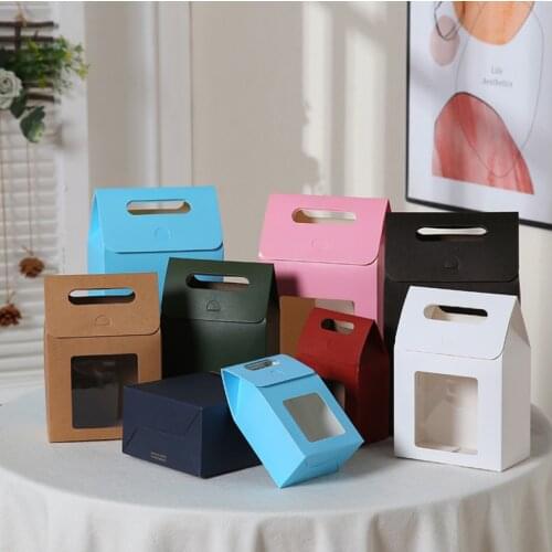 10pcs Red Blue Large Open Window Cowhide Carton Bag Kraft Handle Flap Seal Gift Box Portable Food Gift Small Packing Box