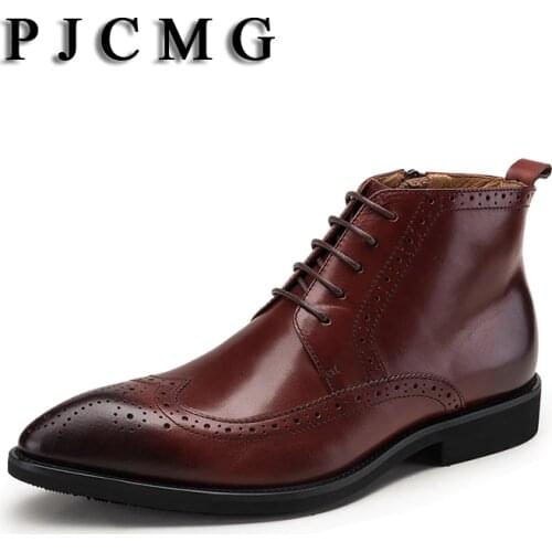 PJCMG High Quality Men Boots Black/Red Lace-Up Ankle Rubber Casual Genuine Leather Classic Business Office Formal Men Boots