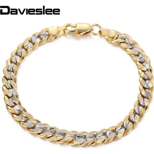 Davieslee Mens Womens Bracelet Chain Silver Color Yellow Gold Filled Hammered Cut Round Curb Link 6mm LGB292