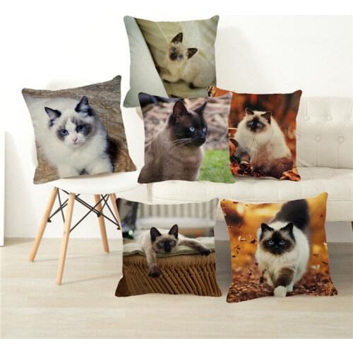 XUNYU Cushion Cover Cute Siamese Cat Pillow Cover Linen Pillow case Sofa Car Seat Decorative Throw Pillowcase 45x45cm D0061