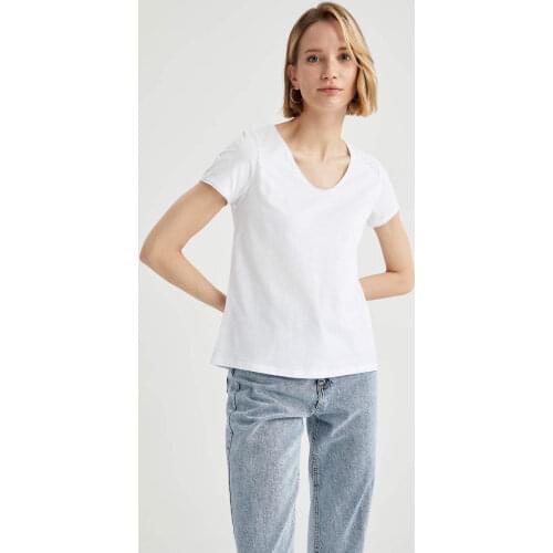 DeFacto Spring Woman Tops & Tees V Neck Short Sleeve T-Shirt Streetwear Female Fashion-K1507AZ21SP