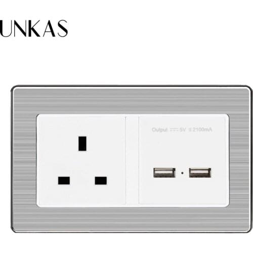 UNKAS Stainless Steel Panel Electric Socket 146*86mm UK Standard Power Outlet With Dual USB Charge Port For Mobile 5V 2.1A