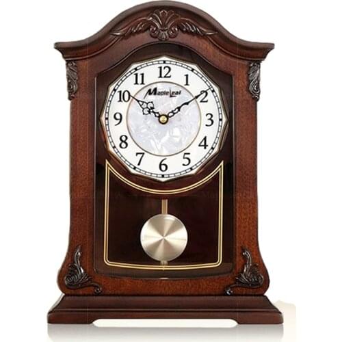 European Solid Wood Table Clock Living Room Music Retro Mute Pendulum Wooden Desk Clock Vintage Large Table Clock Ornaments Gift