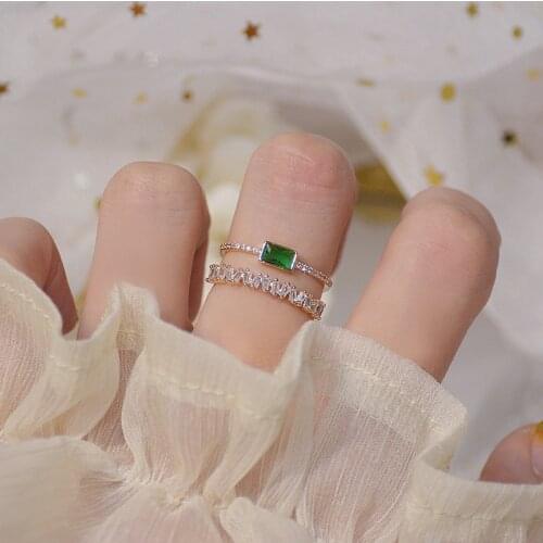 Delicate Jewelry 14K Real Gold Adjustable Crystal Rings for Women Simple Style Green Cubic Zircon Geometric Rings