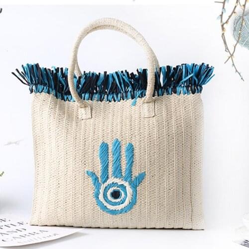 Tassel Weave Straw Tote Bags For Women Cartoon Embroidery Eyes Hand Shoulder Bag Women Handbags Large Capacity Bohemia Beach Bag