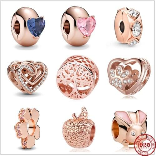 New 925 Sterling Silver Entwined Hearts Solitaire Clip Beads Rose Charm Fit Original Charms Pandora Bracelet Bead Jewelry making