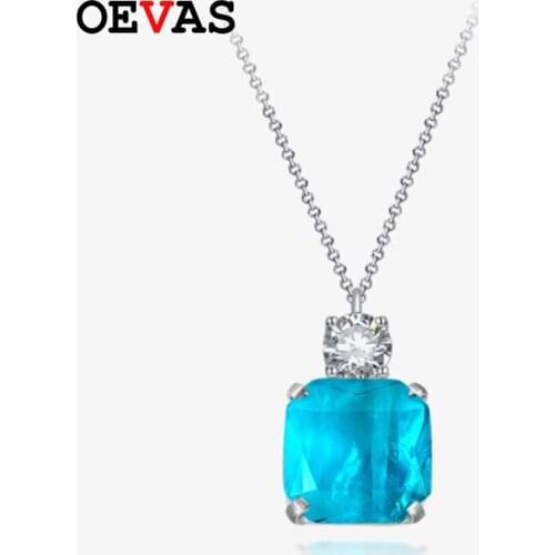 OEVAS 100% 925 Sterling Silver 15*15mm Square Synthetic Paraiba High Carbon Diamond Pendant Necklace For Women Fine Jewelry Gift