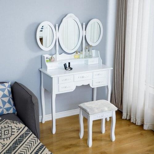 Nordic Dressing Table Rotatable Mirror Makeup Table With Stool 7 Drawers And 3 Oval Bedroom Display Tri-fold Mirror Furniture