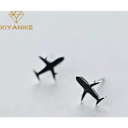 XIYANIKE 925 Sterling Silver Black Airplane Prevent Allergy Stud Earrings For Women Couple Fashion Simple Party Jewelry Gift