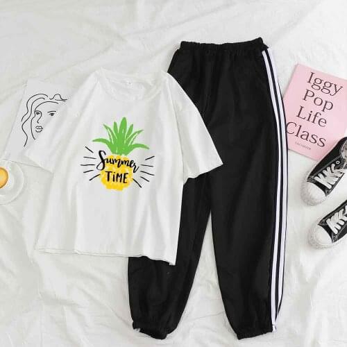 Sport Suit Women Blue Tracksuit Set Women Korean Outfit Two Piece Set Summer Pineapple Print T Shirt Streetwear Trousers Suit