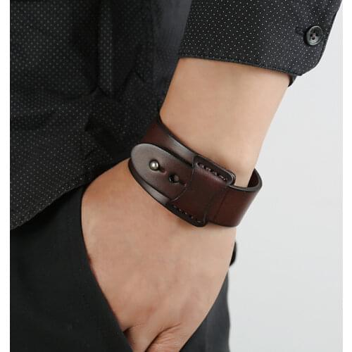 Kirykle Vintage Men Genuine Leather Bracelets Wide Brown Cuff Wrap Bracelets&Bangles Punk Charm Wristband Women Men Jewelry Gift
