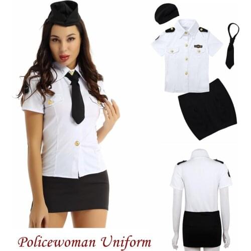 Womens Carnivals Cosplay Costume Police Officer Uniform Suit Turn-down Collar Shirt with Mini Skirt Hat and Tie for Role Paly