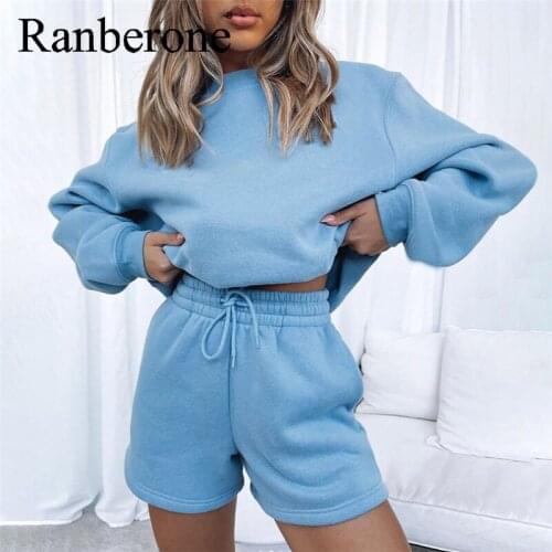 Ranberone Womens New Casual Loose Sport Crop Top Shorts Set Tracksuit Running Set Fleece Sportswear Thicken Clothing Outfits