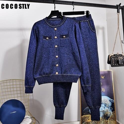 Two Piece Set Women Autumn New Fashion Long sleeve Tracksuit Knitted Sweater + Little feet Pants Tracksuit Women Sets Plus Size