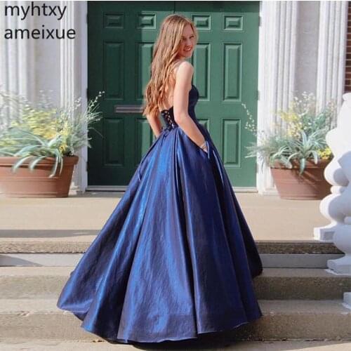Event Sweetheart Long Prom Dress Custom Dark Navy Taffeta Simple Women Formal Party Cheap Lace Up Back Dress Elegant Plus Size