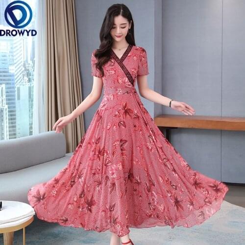 2021 Vintage Boho Red Print Chiffon Lace Beach Long Dress Spring Summer Runway Maxi Dresses Elegant Women Bodycon Party Vestidos