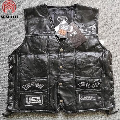 Leather Motorcycle Vest Sleeveless Jacket Mens Side Laces Adjustable Black Leather Motorcycle Vest Biker Vests Soft Sheepskin