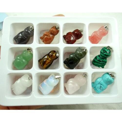 Fashion natural stone mixed carved Cat charms pendants for necklaces jewelry making 12pcs wholesale