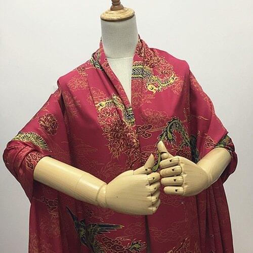 Heavier stretch silk satin fabric noble phoenix print on red background China style,SSC430