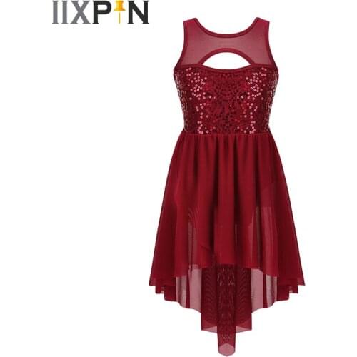 Kids Girls Ballet Leotard Dress Sleeveless Shiny Sequins Dance Dress Stage Performance Dance Costume Lyrical Modern Dancewear