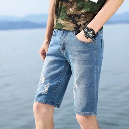 Summer New Mens Stretch Hole Short Jeans Fashion Casual Slim Fit High Quality Elastic Ripped Denim Shorts Male